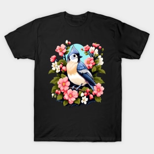 Cute Tufted Titmouse Surrounded by Vibrant Spring Flowers T-Shirt